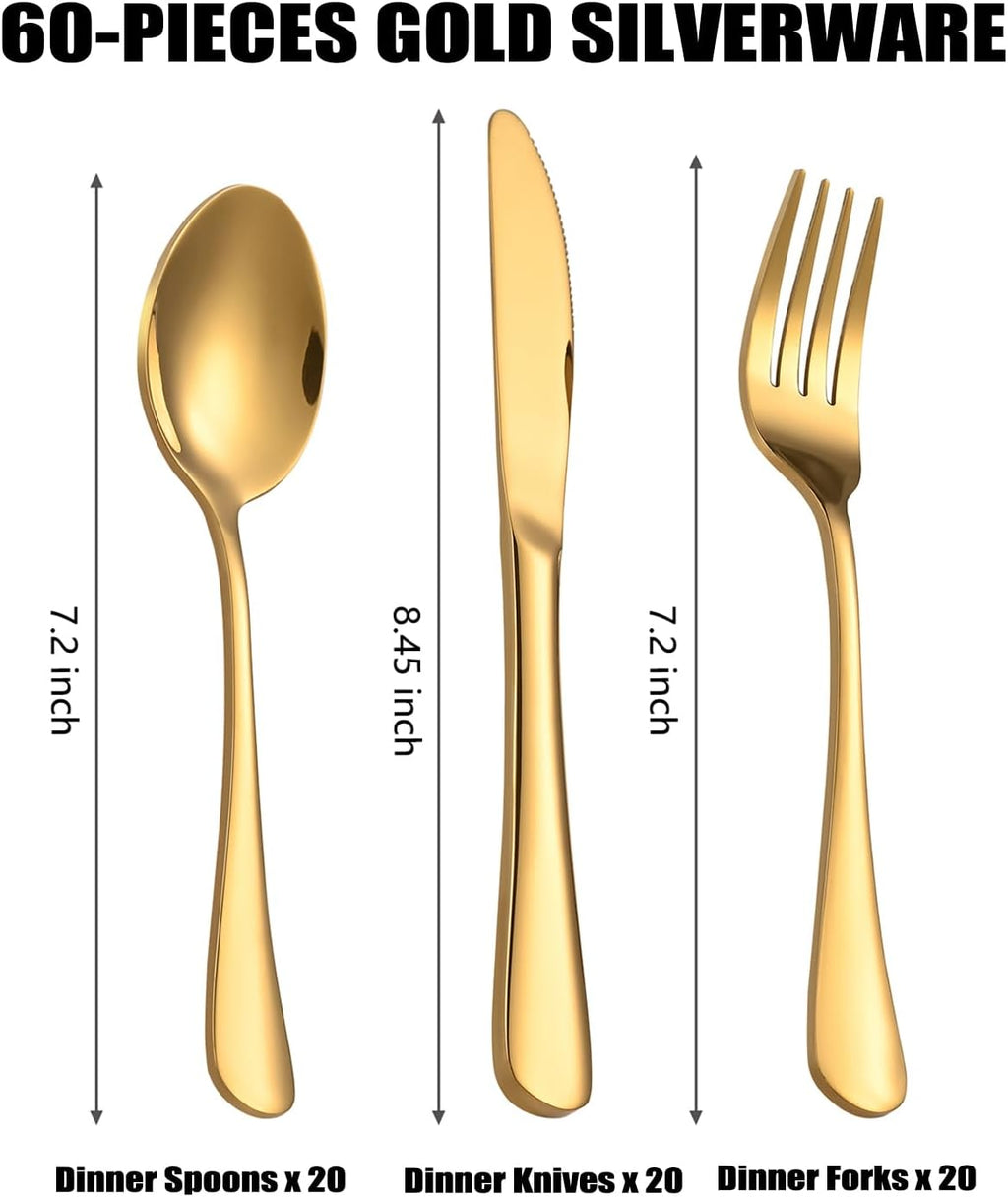 60 Piece Gold Silverware Set - Service for 20, Stainless Steel Flatware Cutlery Set Include Knife Spoon Fork, Gold
