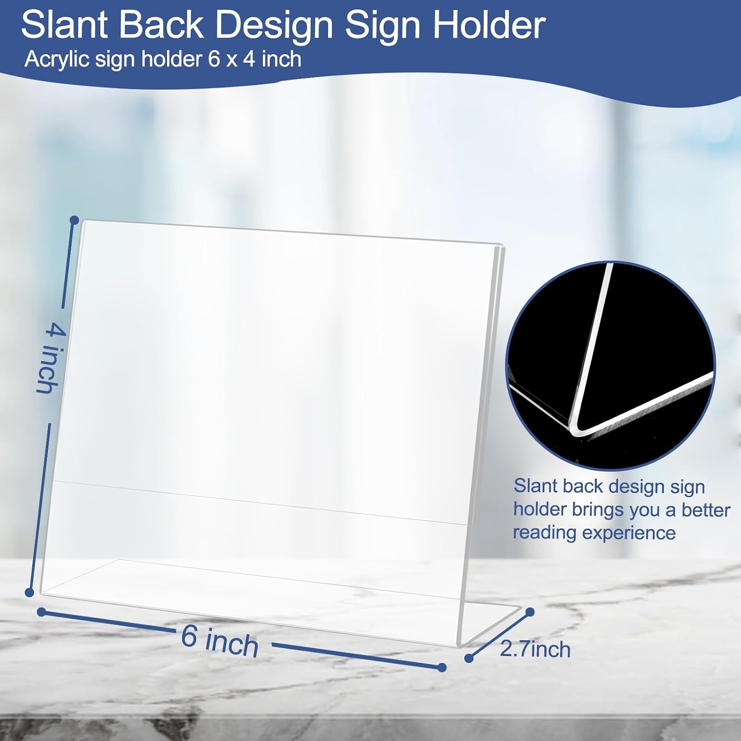 Slanted Back Acrylic Sign Holder 6 x 4, Acrylic Stands for Display Frame, Clear Plastic Tabletop Paper Sign Holder