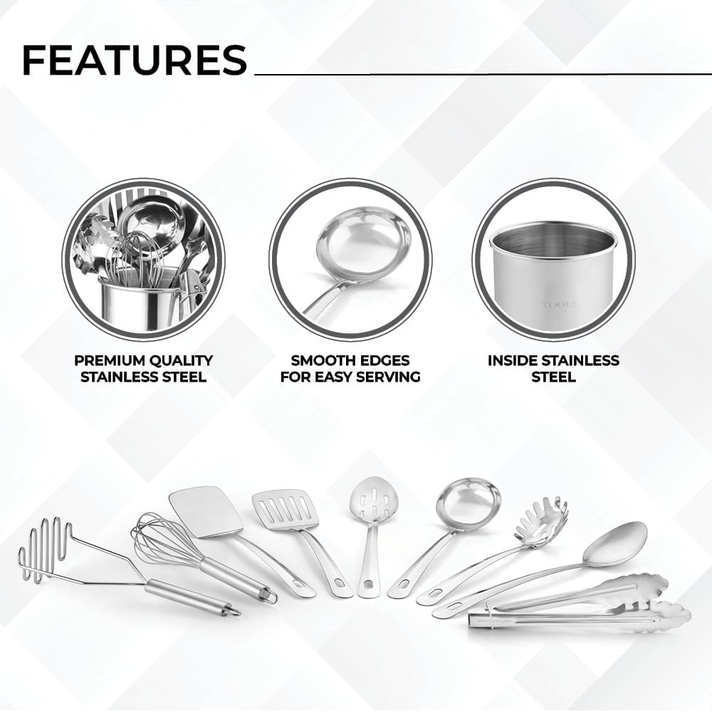 Premium Set of 10 Stainless Steel Kitchen Tool Set with Holder Easy To Clean, Space Saving, Great for Cooking