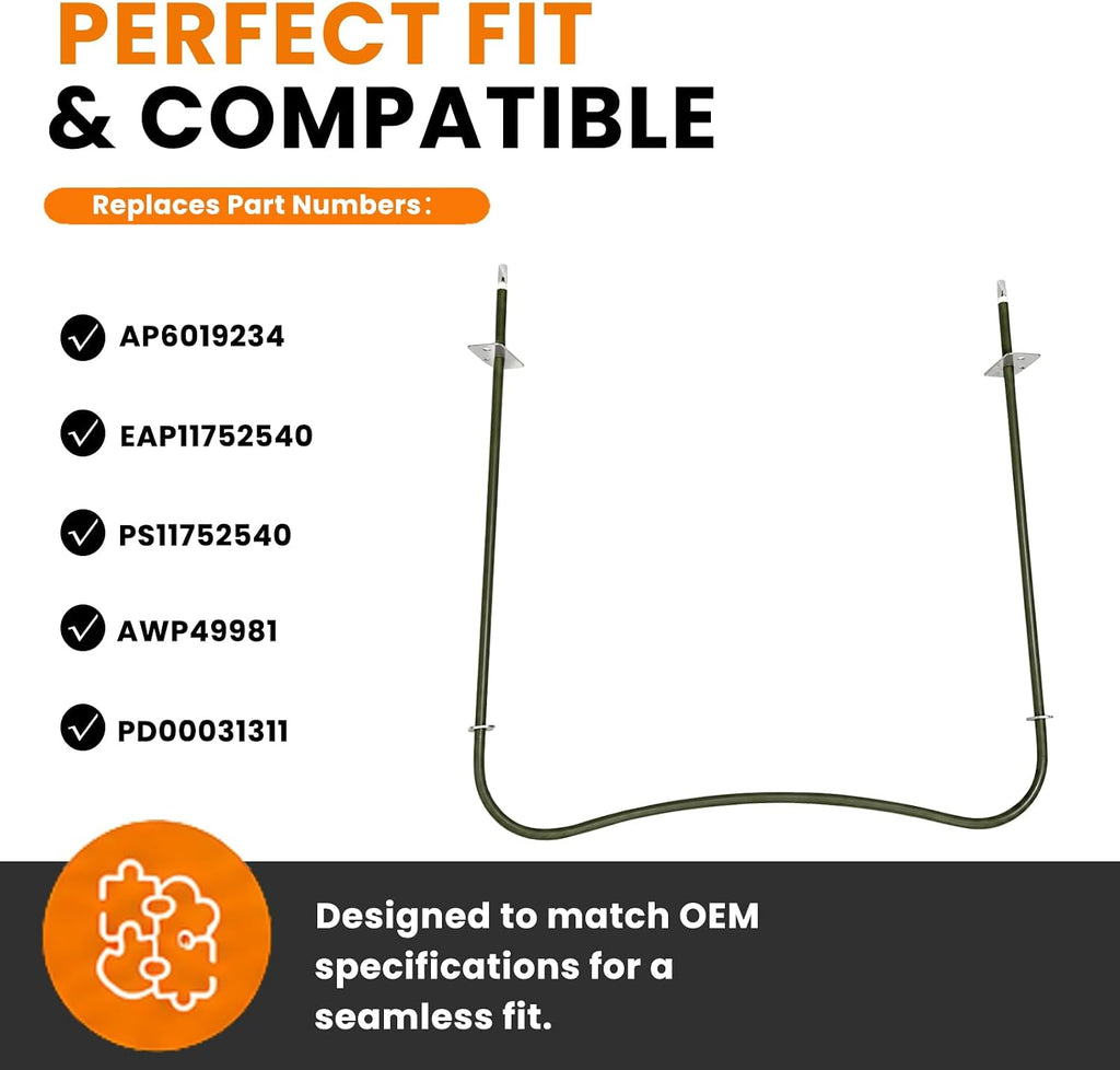W10310274 Bake Heating Element Compatible With Jenn-Air 30" Electric Slide-In Range. Replacement 1863288 AP6019234 PS11752540 EAP11752540 74010883