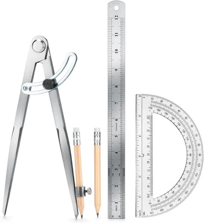 12 Inch Compass Geometry Tool with Protractor Ruler & Pencils | Includes Drawing Compass 6 Inch Protractor 12 Inch