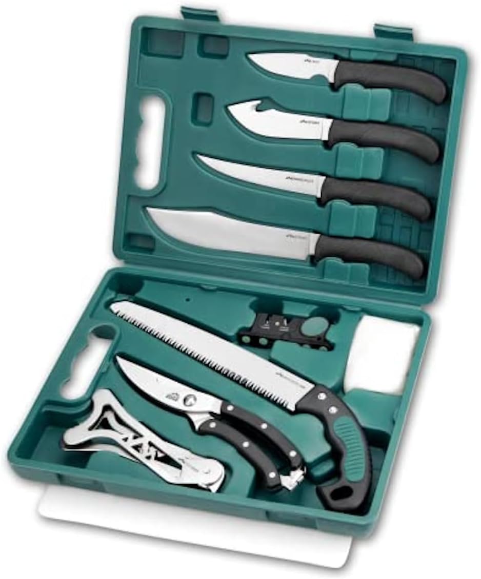 Game-Pro 11-Piece Butcher Knife Set | Caping & Boning Knives, Deer Skinning Knife, Bone Saw, Game Shears, Sharpener &