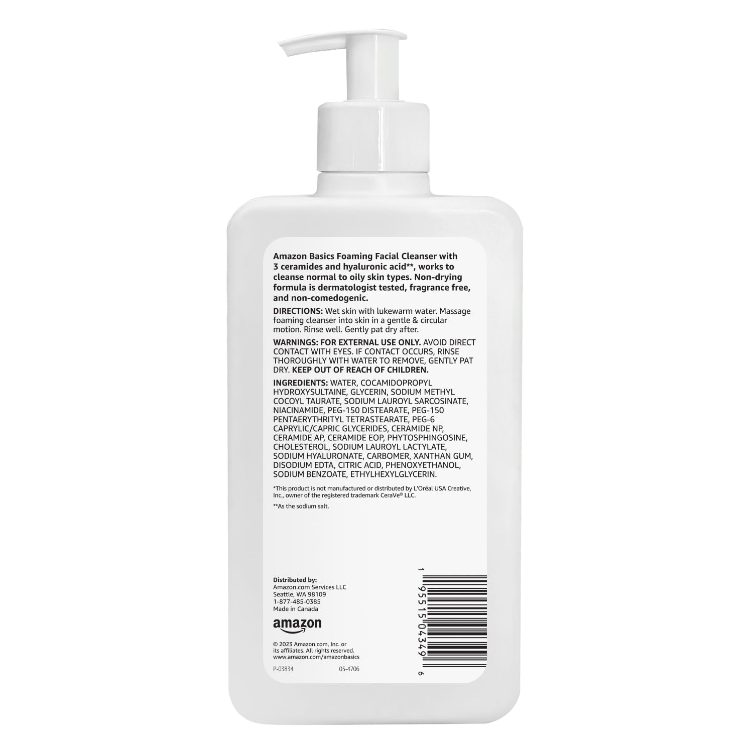 Foaming Facial Cleanser with Ceramides & Hyaluronic Acid, Gentle Daily Face Wash, Non-Comedogenic, Fragrance-Free, 12
