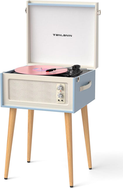 Vintage Standing Blue Vinyl Record Player with Detachable Legs, Built-in 4 Speakers, USB to PC Encoding, 33/45/78 RPM