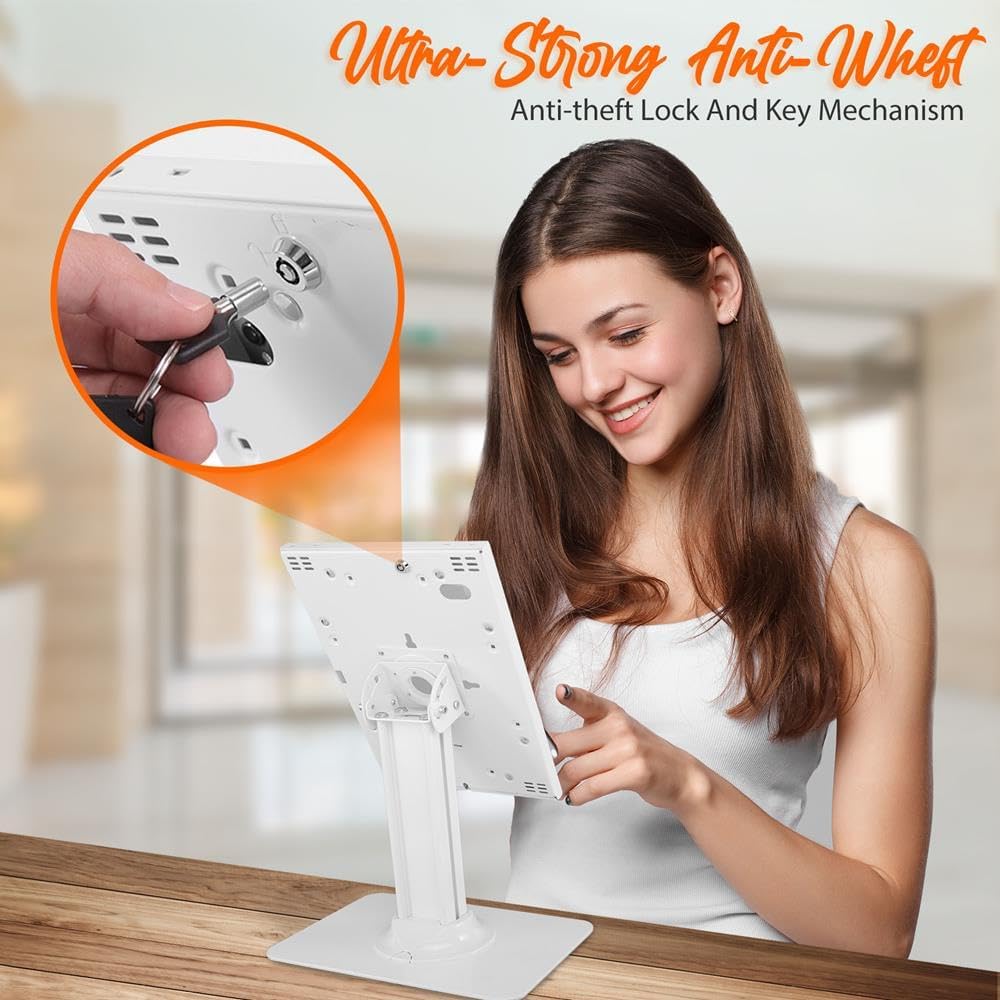 Anti Theft Tablet Security Stand - Table Mount Desktop Ipad Kiosk Stand w/Lock and Key Mechanism, 90° Rotate 75° Tilt