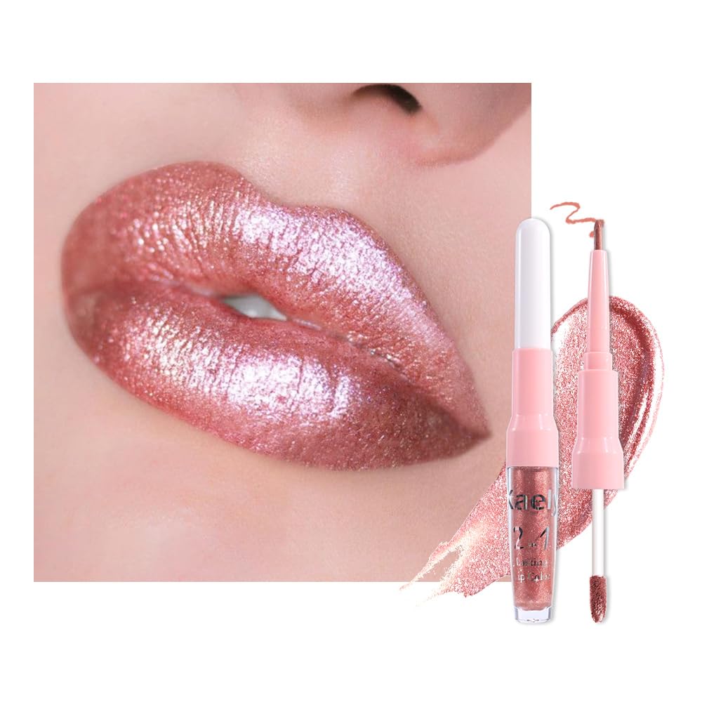 Rose Gold Metallic Lip Liner and Lipstick Combo Lip Gloss Tints Stain Set Makeup for Women Long Lasting Waterproof
