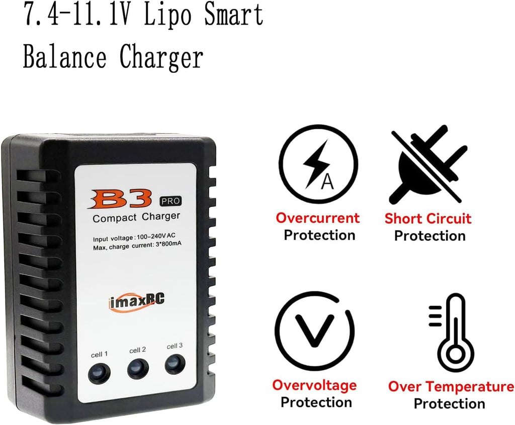 B3 Lipo Battery Charger 2S-3S RC Balance Charger with XH3P XH4P Plug for RC Car Batteries Drone Boat Airplane Truck