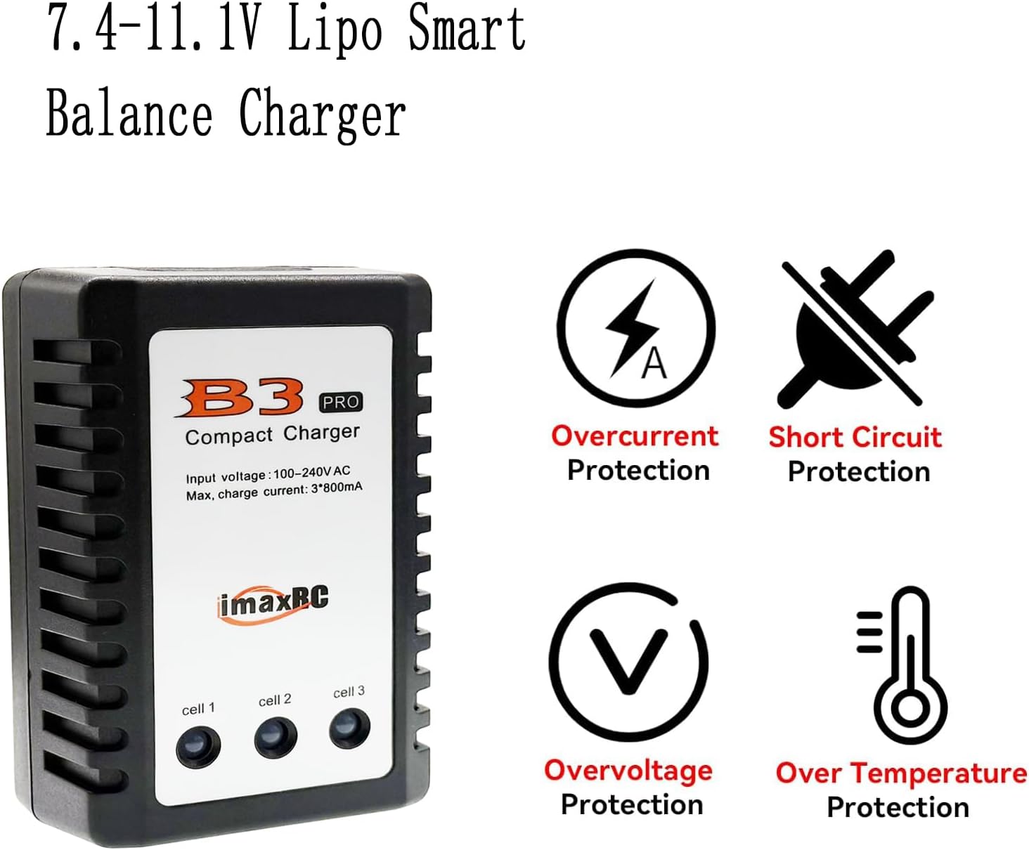 B3 Lipo Battery Charger 2S-3S RC Balance Charger with XH3P XH4P Plug for RC Car Batteries Drone Boat Airplane Truck