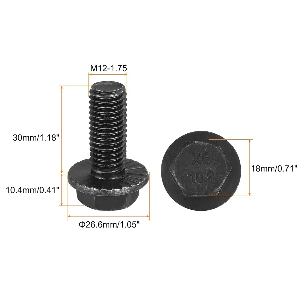 uxcell M12-1.75x30mm Hex Serrated Flange Bolts 10.9 Grade Carbon Steel Screws 6pcs