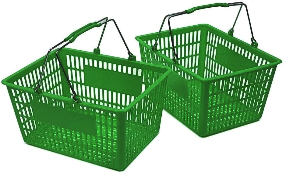 Green Plastic Shopping Baskets with Metal Handles (Set of 2)