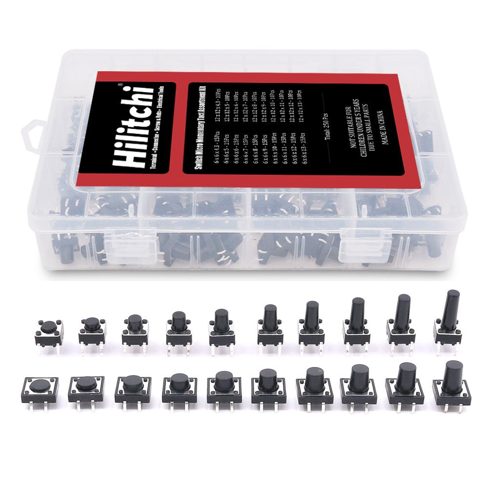 Hilitchi 250-Pcs 6 x 6mm 12 x 12mm Tactile Push Button Switch Micro Momentary Tact Assortment Kit - 20 Value / 4 Pins
