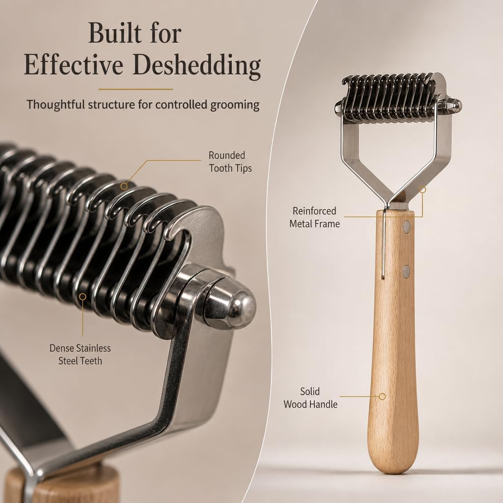 Pet Dematting Rake and Nail Clippers Set - Professional 2-in-1 Undercoat Deshedding Tool with Solid Wooden Handle &