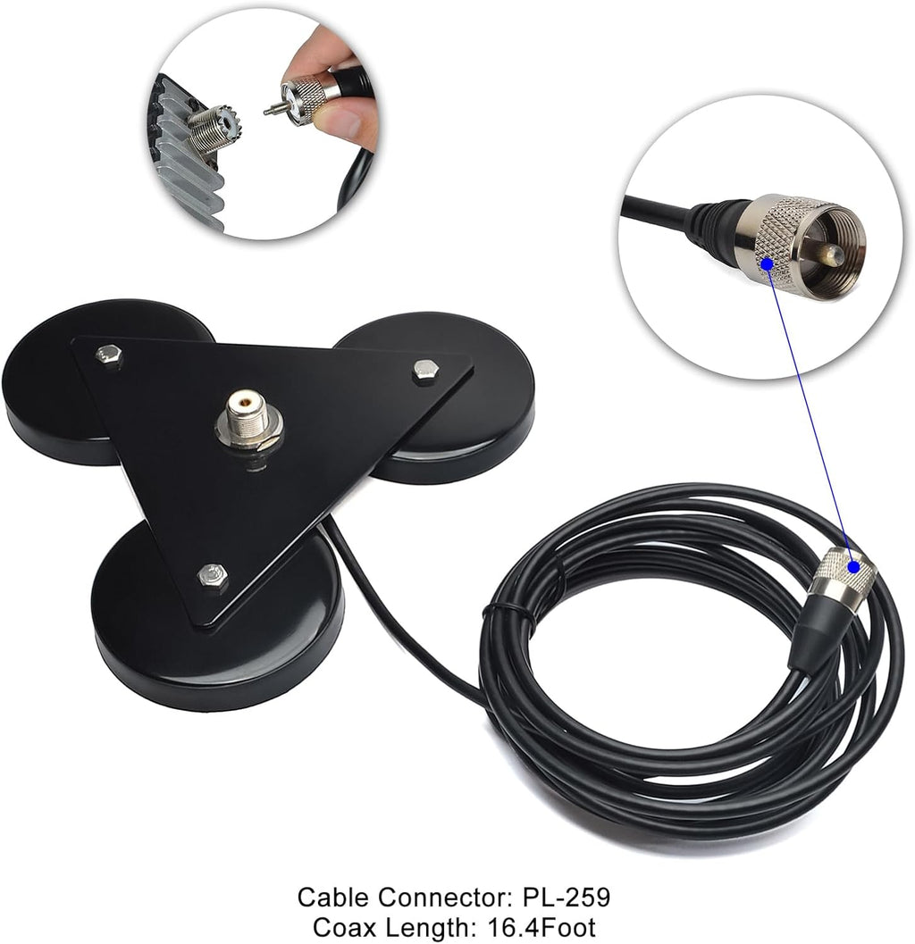 Heavy-Duty SO239 Magnetic Antenna Mount Base with Triple Magnets | W/5M(16.4 ft)RG-58 Cable PL-259 Plug
