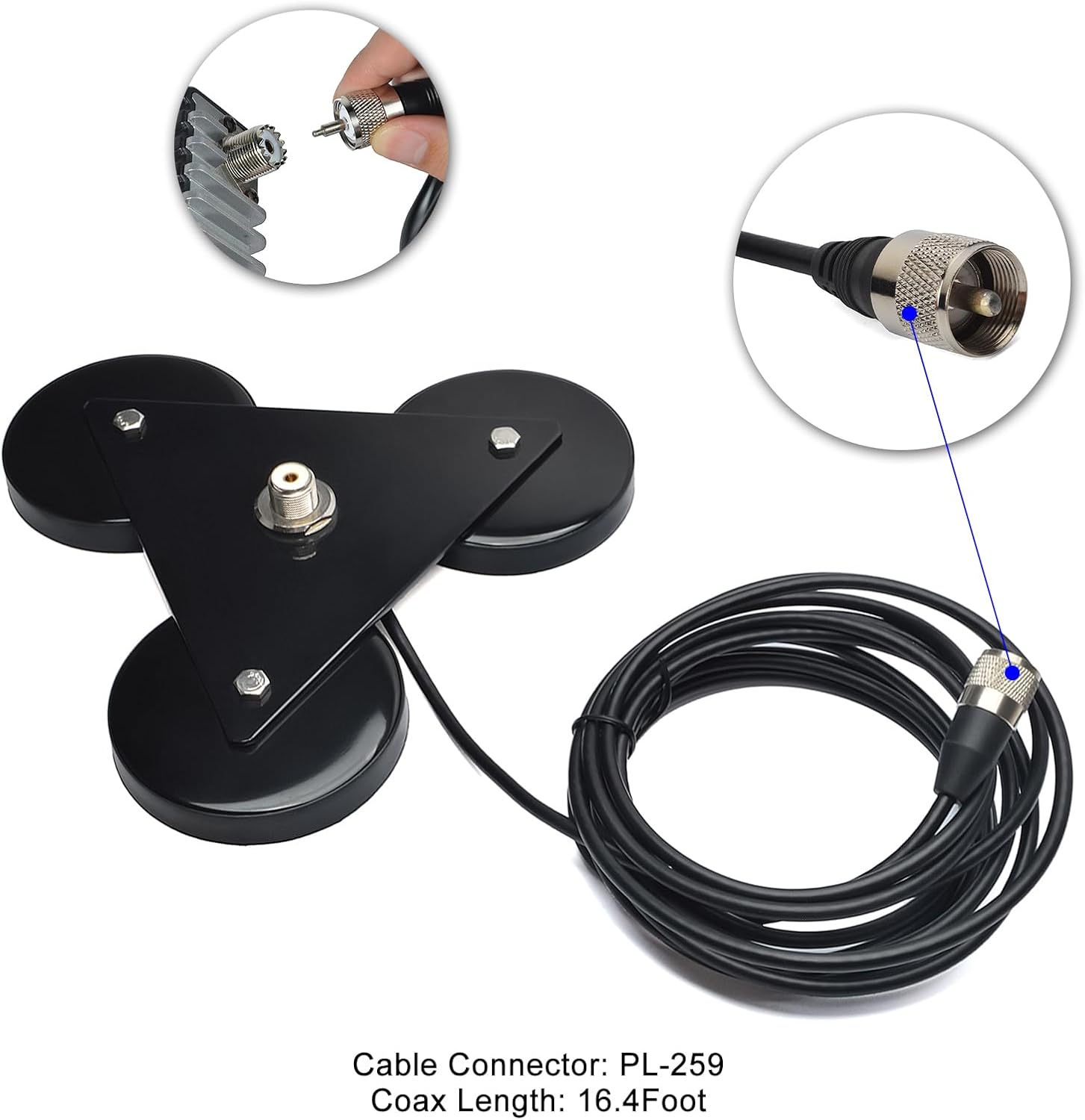 Heavy-Duty SO239 Magnetic Antenna Mount Base with Triple Magnets | W/5M(16.4 ft)RG-58 Cable PL-259 Plug