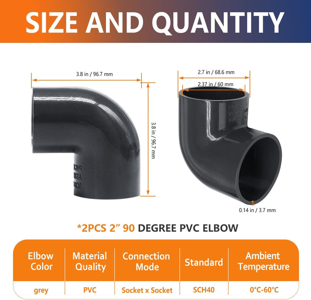 2Pcs 2" 90 Gray Degree Elbow PVC Pipe Fittings Connectors 2 Way Right Angle PVC Elbow For Sch40(Socket x Socket)