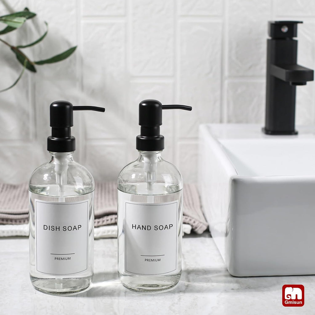Glass Soap Dispenser with Pump, 2 Pack Clear Bathroom Hand Soap Dispenser with Stainless Steel Pump, 17 Fl Oz