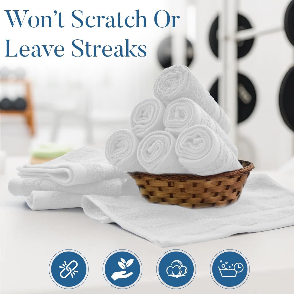 12-Pack Premium 100% Cotton White Face Towels for Bathroom - Reusable Face Wash Cloths for Showering 12 X 12 Inches