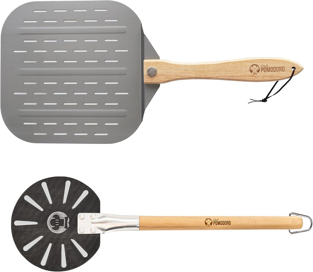 Perforated Aluminum Metal Pizza Peel with Foldable Wood Handle for Easy Storage (12 inch) and Pizza Turning Peel