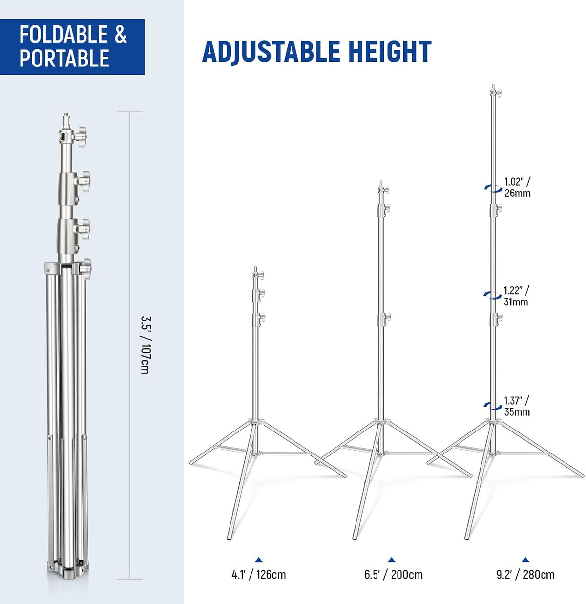 9.2ft/2.8m Stainless Steel Light Stand, Spring Cushioned Heavy Duty Photography Tripod Stand with 1/4” to 3/8”