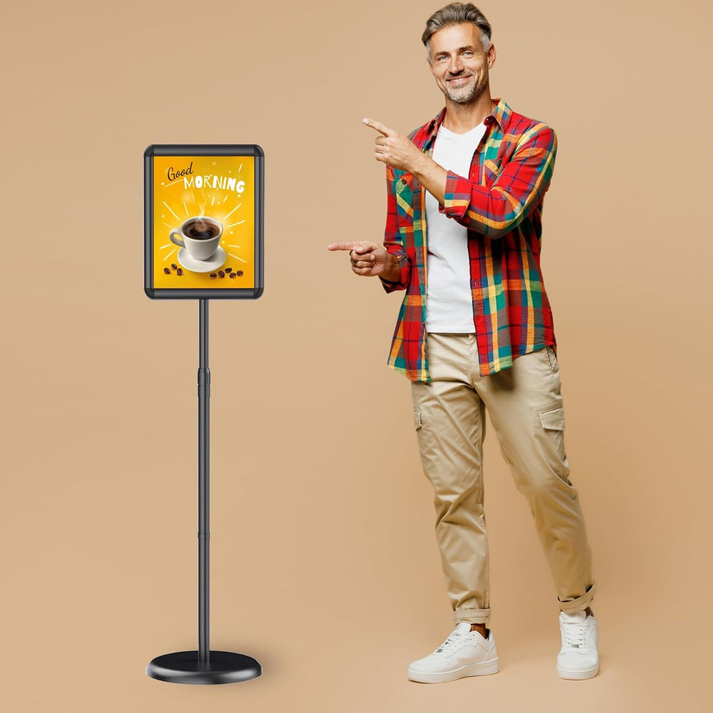 Adjustable Pedestal Floor Stand Sign Holder for 8.5*11 inches Poster or chalk board, Snap open frame,360°