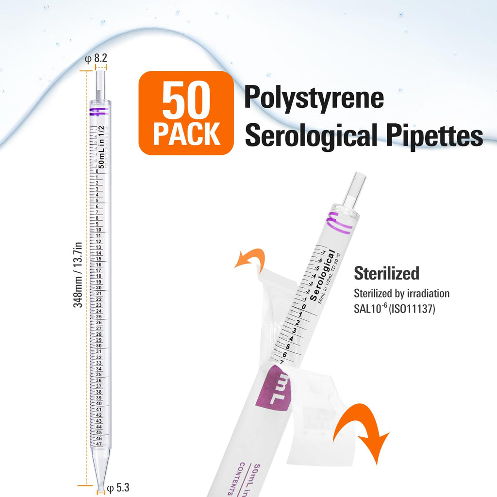 Polystyrene Serological Pipettes Individually Wrapped Sterile Plastic Graduated Pipette 50ml, Pack of 50