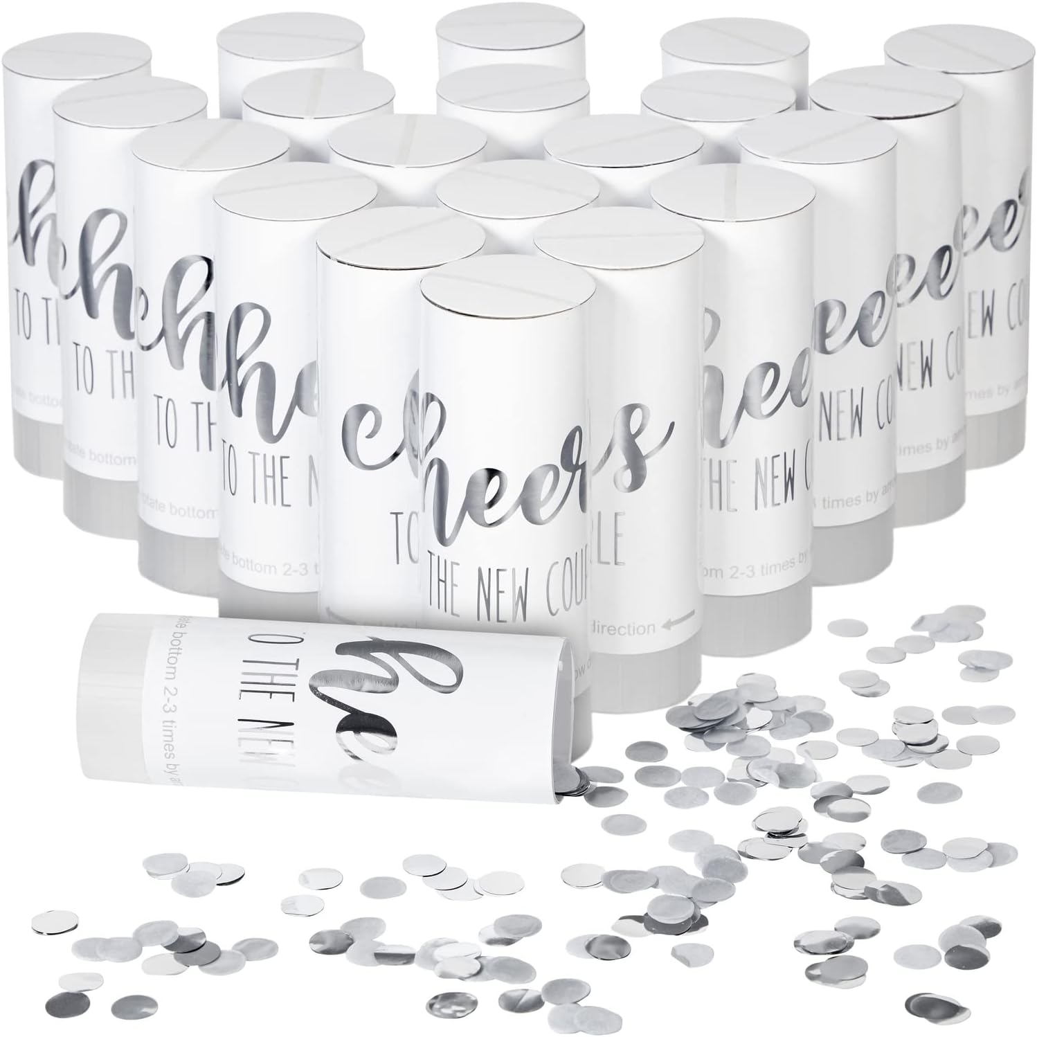 Wedding Confetti Wands - 1.5 x 4.2 In, 20 Pack, Silver & White - Metallic Foil Dispenser for Send Off, Bridal Shower