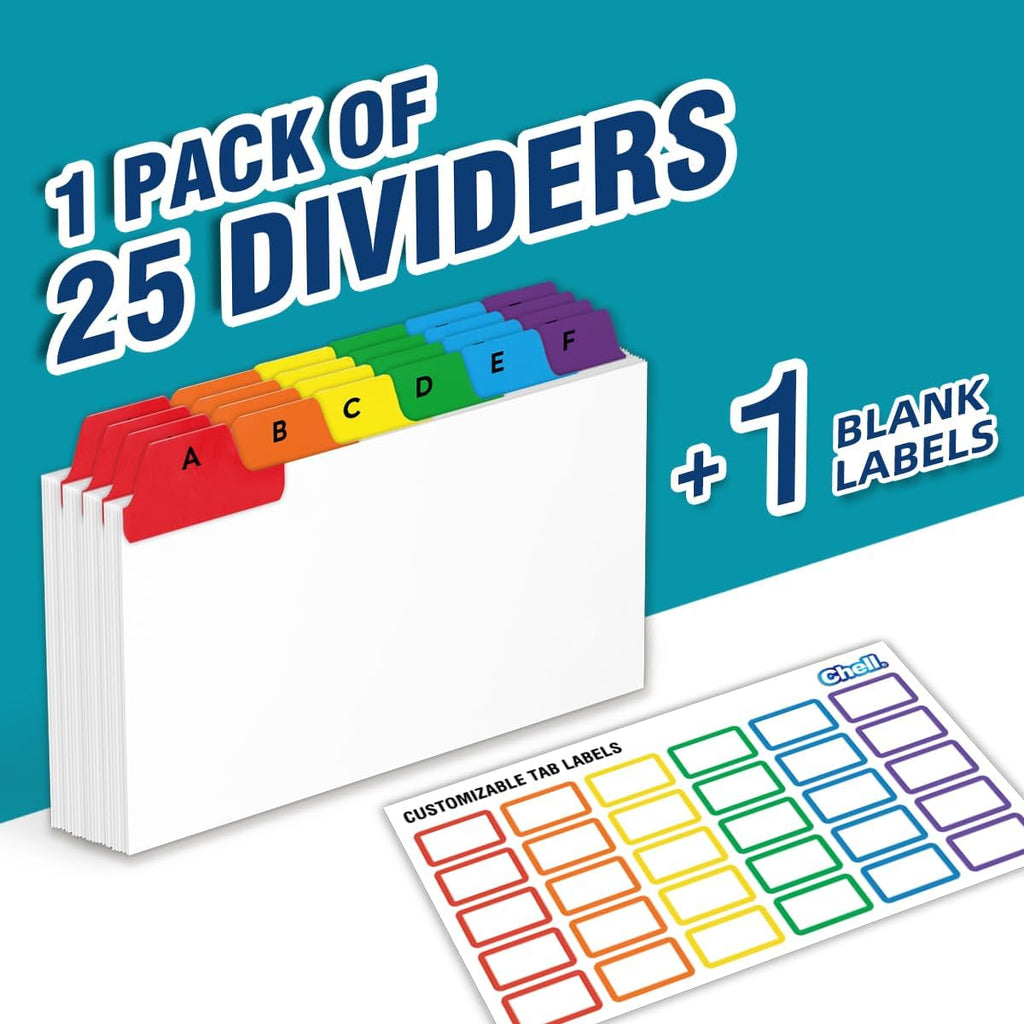 3"x5" Index Card Dividers, A-Z Tabbed, with Blank Stickers, 1 Set | Bright Colors, Heavyweight, Made of 110 lb. Cover