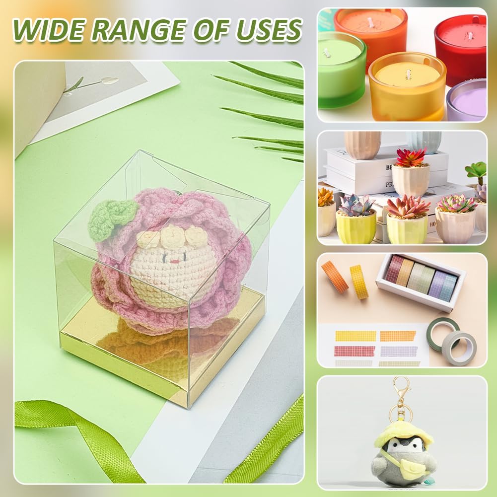 30 Pcs Clear Gift Boxes, 2.4x2.4x2.4 Inch Folding PVC Favor Boxes with Gold Paper Card Base for Wedding Birthday
