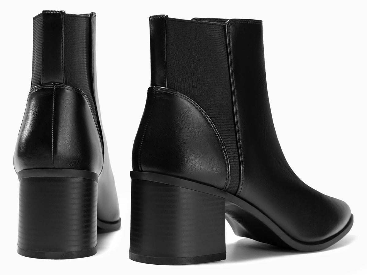 Womens Pointed Toe Ankle Boots Elastic Chunky Block Stacked Mid Heel Slip On Chelsea Booties