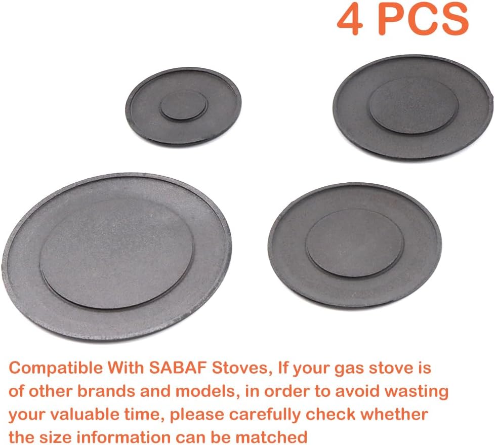 Gas Stove Burner Cap Set, 4 Pack Cooker Hob Gas Burner Cap, Metal Cooker Hat Replacement Kit, Compatible with SABAF Stoves, Black Concave Oven Crown Flame Cap Cover, 3.93" x 1, 2.95" x 2, 2.2" x 1