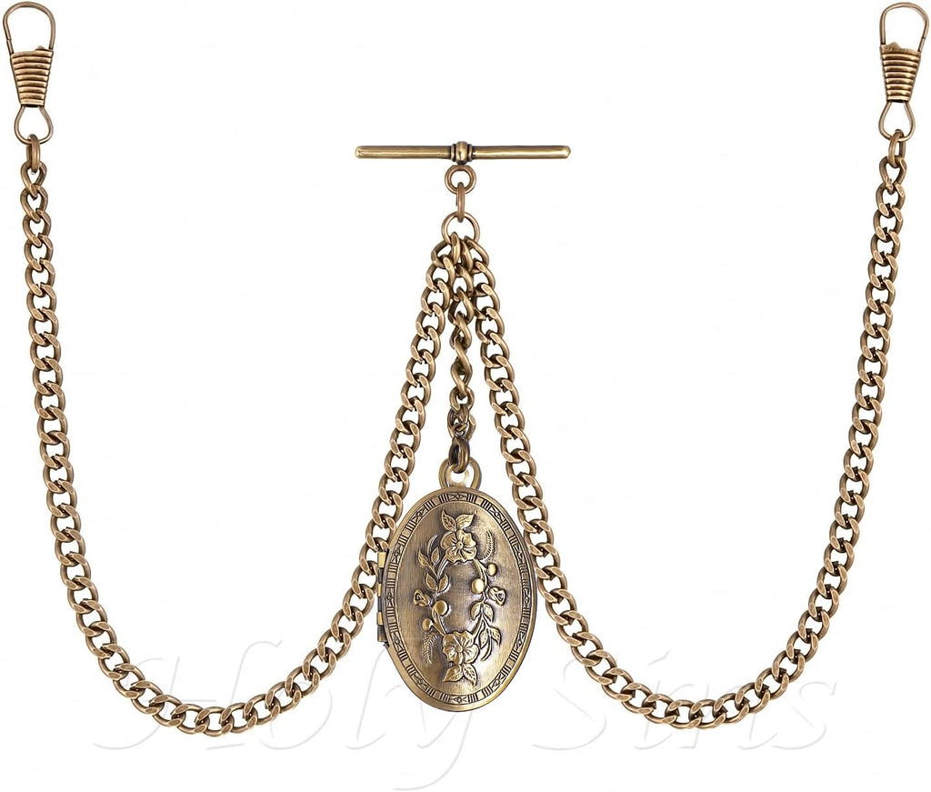Vintage-Inspired 14" Bronze Pocket Watch Chain with Photo Locket Pendant | Elegant Double Albert T-Bar Design | Men's