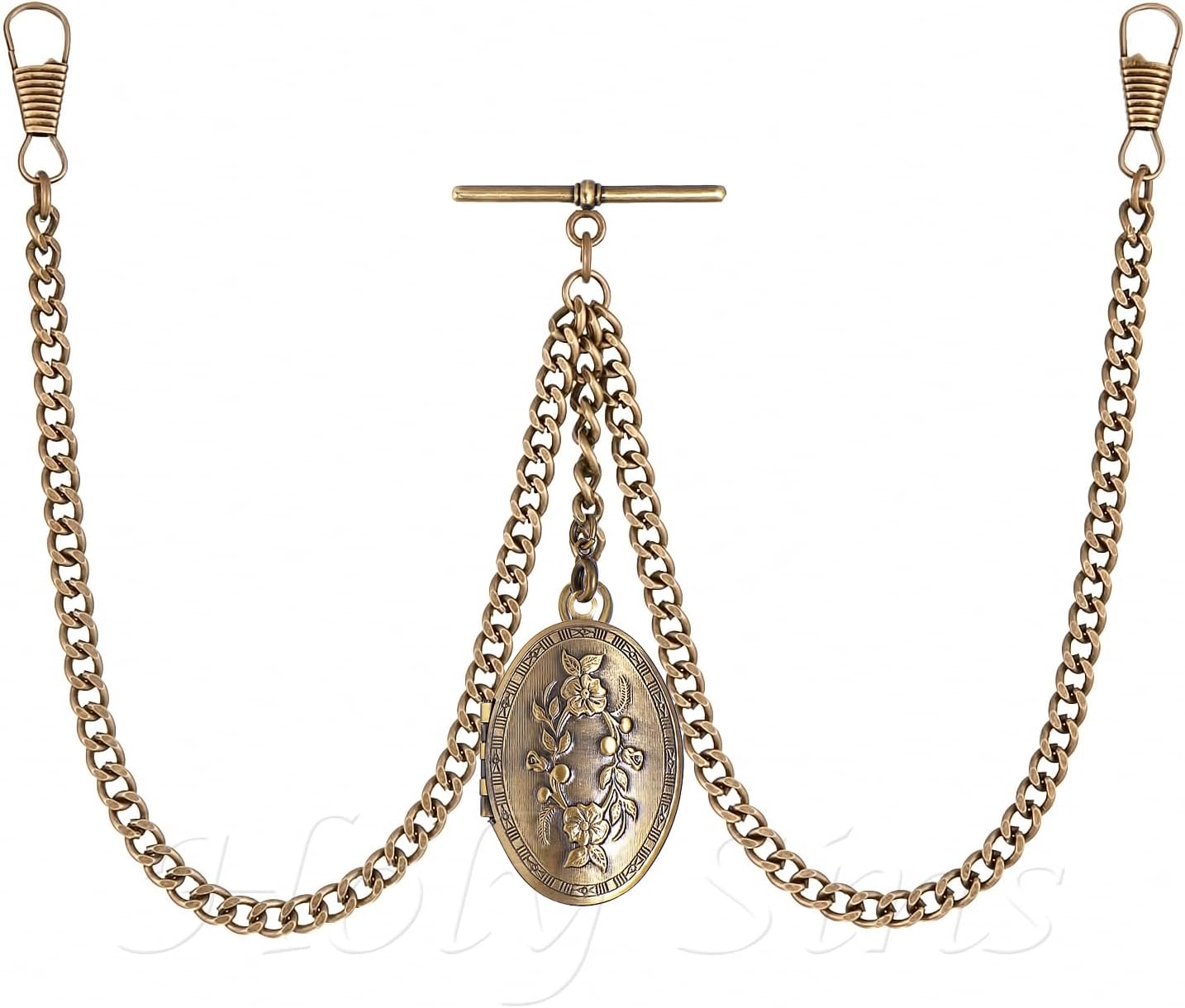 Vintage-Inspired 14" Bronze Pocket Watch Chain with Photo Locket Pendant | Elegant Double Albert T-Bar Design | Men's