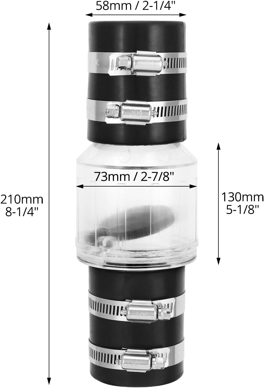 Silent Check Valve Model CV-150, 1-1/2 Inch Spring-Loaded Valve with Clear Body, Buna-N Couplings and Steel Clamps