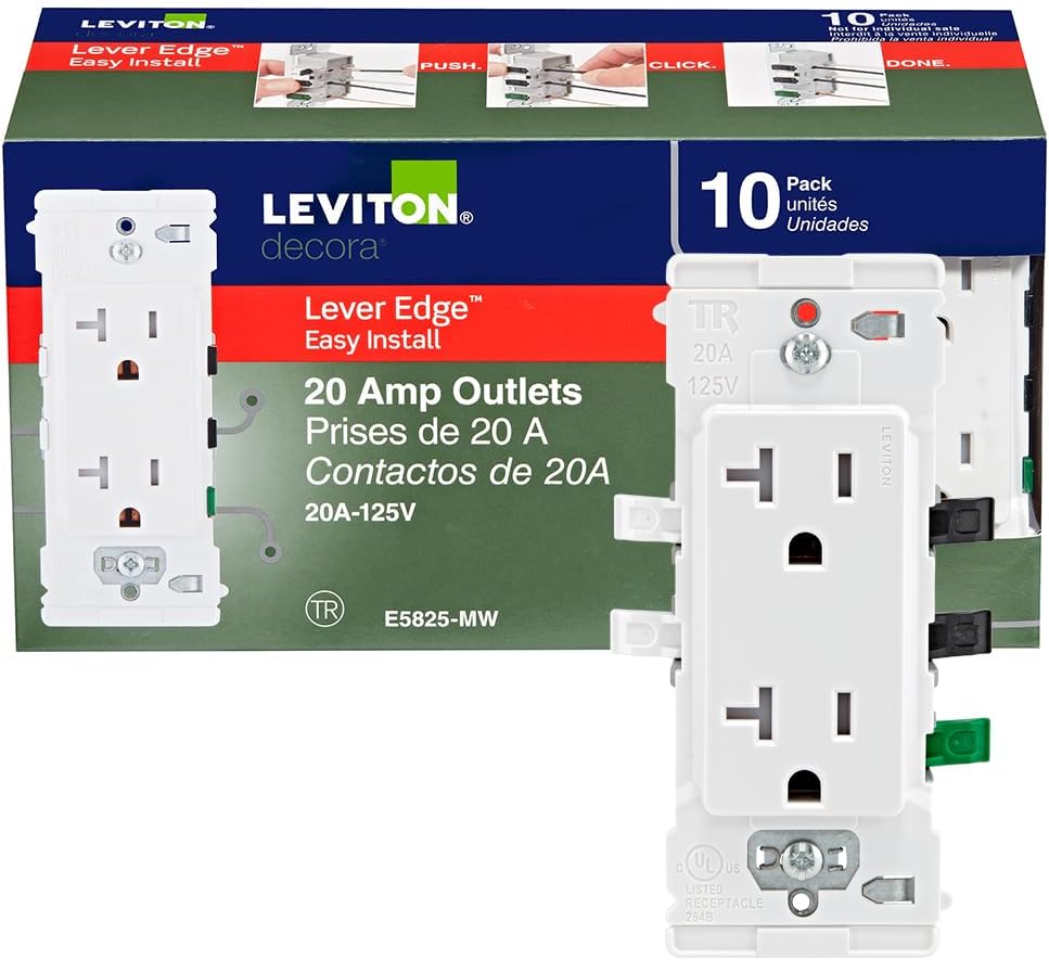 Leviton Lever Edge 20 Amp Tamper-Resistant Duplex Wall Outlet, 10-Pack, E5825-MW, White