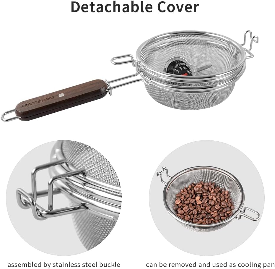 Home Coffee Bean Roaster Tool - CAFEMASY Portable Stainless Steel Handy Coffee Roaster Mesh Pan Tool with Thermometer