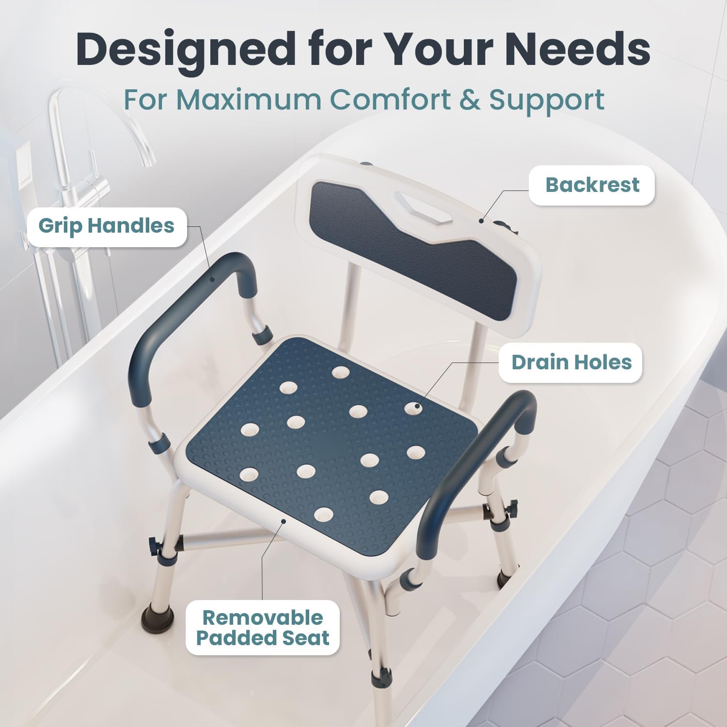 Shower Chair for Elderly and Disabled (450lb) with Padded Armrests and Back, Adjustable Height Shower Seat, Heavy