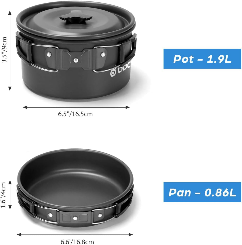 15pcs Camping Cookware Mess Kit, 1.9L Pot, for Camping, Backpacking | Anodized aluminum, for hiking, outdoor cooking