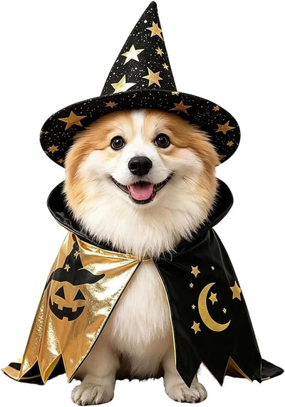 Halloween Dog Costume Witch Cloak Cape Wizard Hat Pet Cat Dog Witch Costumes Adjustable Halloween Costume Set
