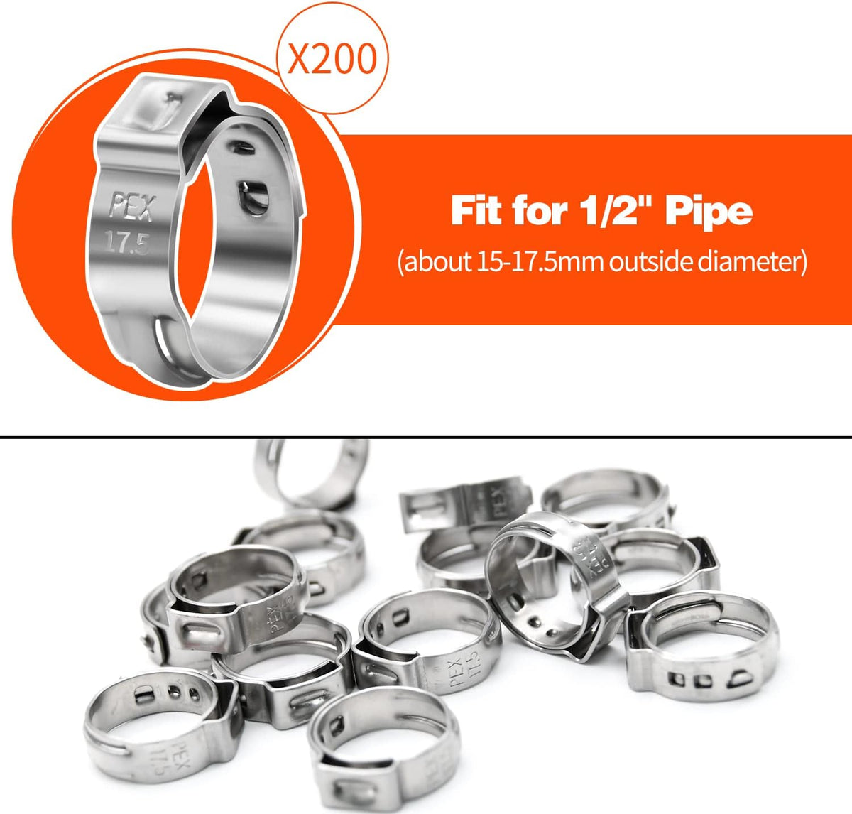 200 Pack 1/2" PEX Cinch Clamps, Stainless Steel Single Ear Hose Clamps