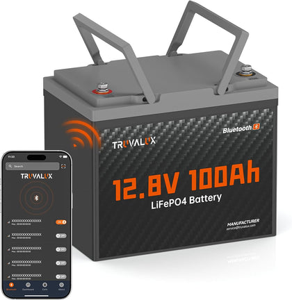 12V 100Ah LiFePO4 Lithium Battery with Bluetooth, Group 24 | 100A BMS, 1280Wh Capacity, 5000+ Deep Cycles & Low Temp