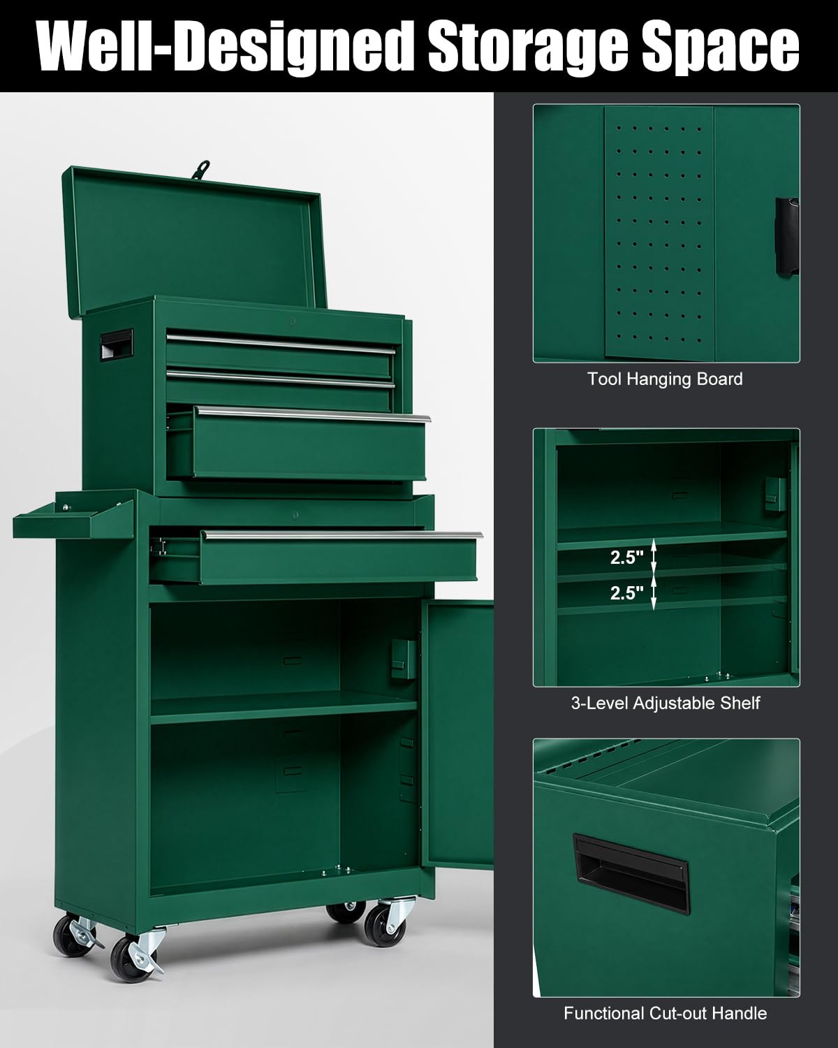 4-Drawer Rolling Tool Chest, 2-in-1 Storage Toolbox, Army Green
