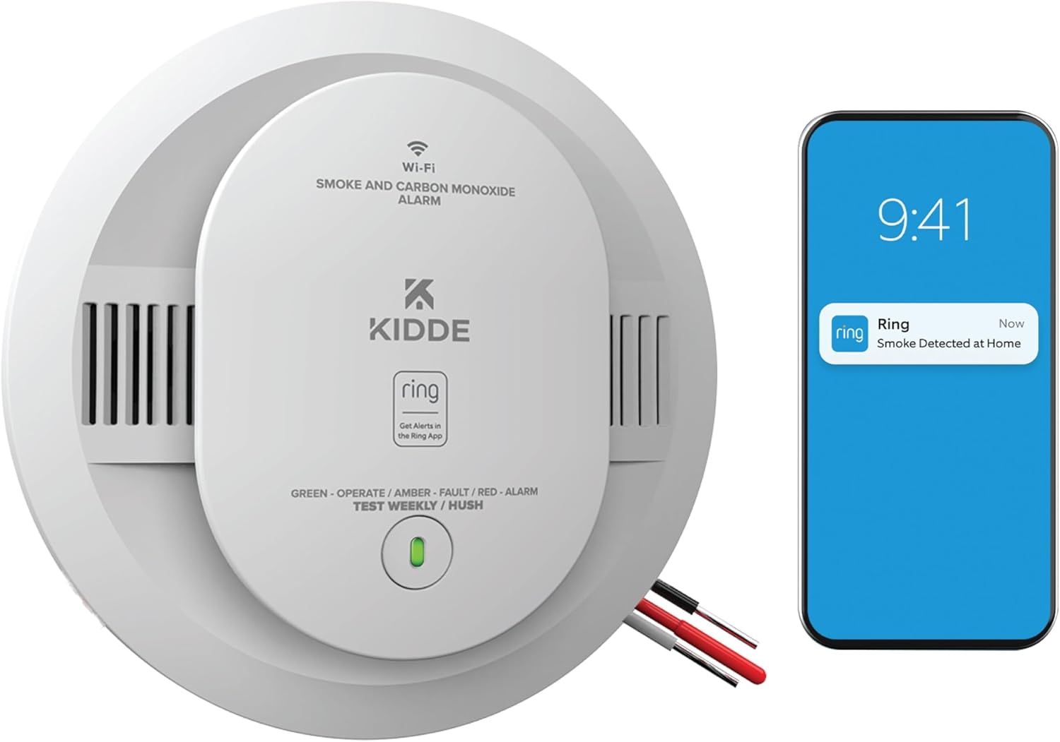 Smart Smoke and Carbon Monoxide Detector, Ring App Enabled for Real-Time Notifications, Hardwired Alarm, AA Backup