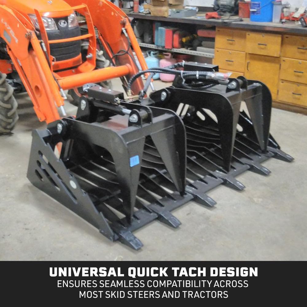 72" Skeleton Rock Grapple Rake with Teeth, Skid Steer Quick Tach Hookup, Fine Grade Tines for Sifting, Side Cutters