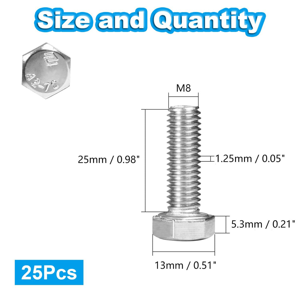 25 Pcs M8 Hex Bolts M8-1.25 x 25mm Hex Head Screw Bolt
