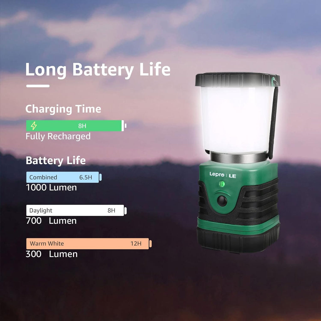 1000LM LED Camping Lantern Rechargeable, 4400mAh Green Tent Light with 4 Light Modes, Waterproof Lantern Flashlight