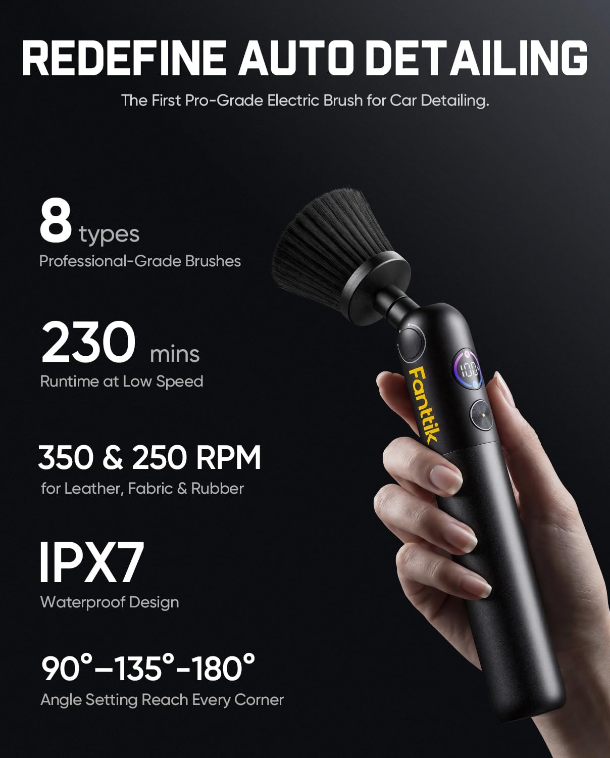 Flip G10 Nano AutoCare Cordless Electric Car Interior Detailing Brush, Dual-Speed with 8 Brush Heads, Adjustable