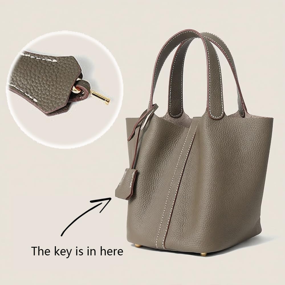 Genuine Leather Bucket Bag, Top-Handle Satchel Handbag with Lock