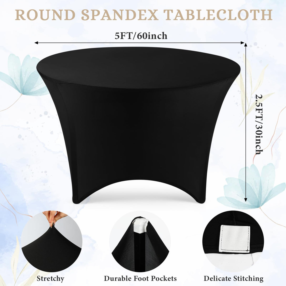15 Pcs Spandex Round Tablecloth Fitted Stretch, 5 Ft,60inch, Black