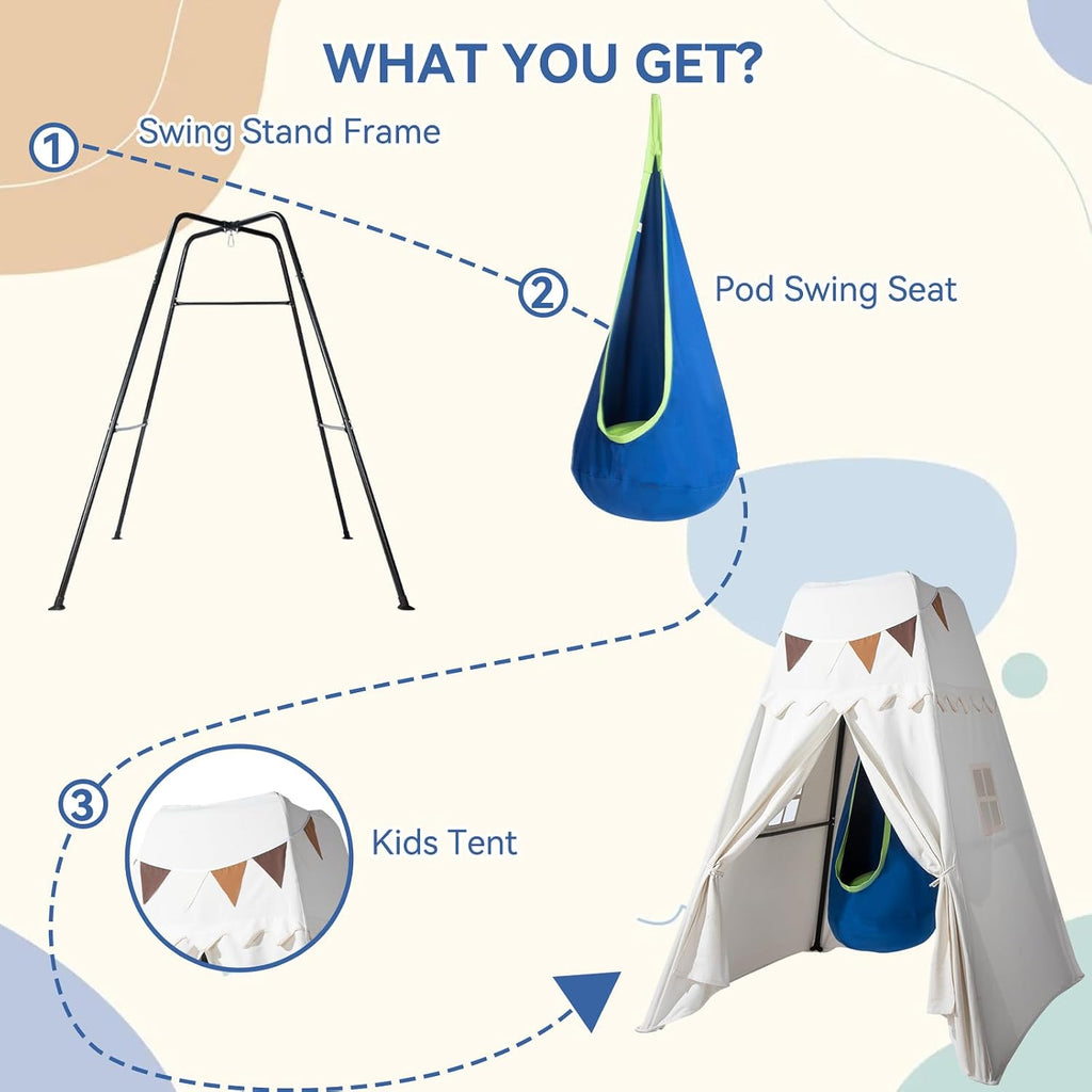 Swing Stand Frame with Sensory Pod Swings and Kids Tent,Play Tent,Heavy Duty Metal Swings Frame,Cotton Sensory Pod