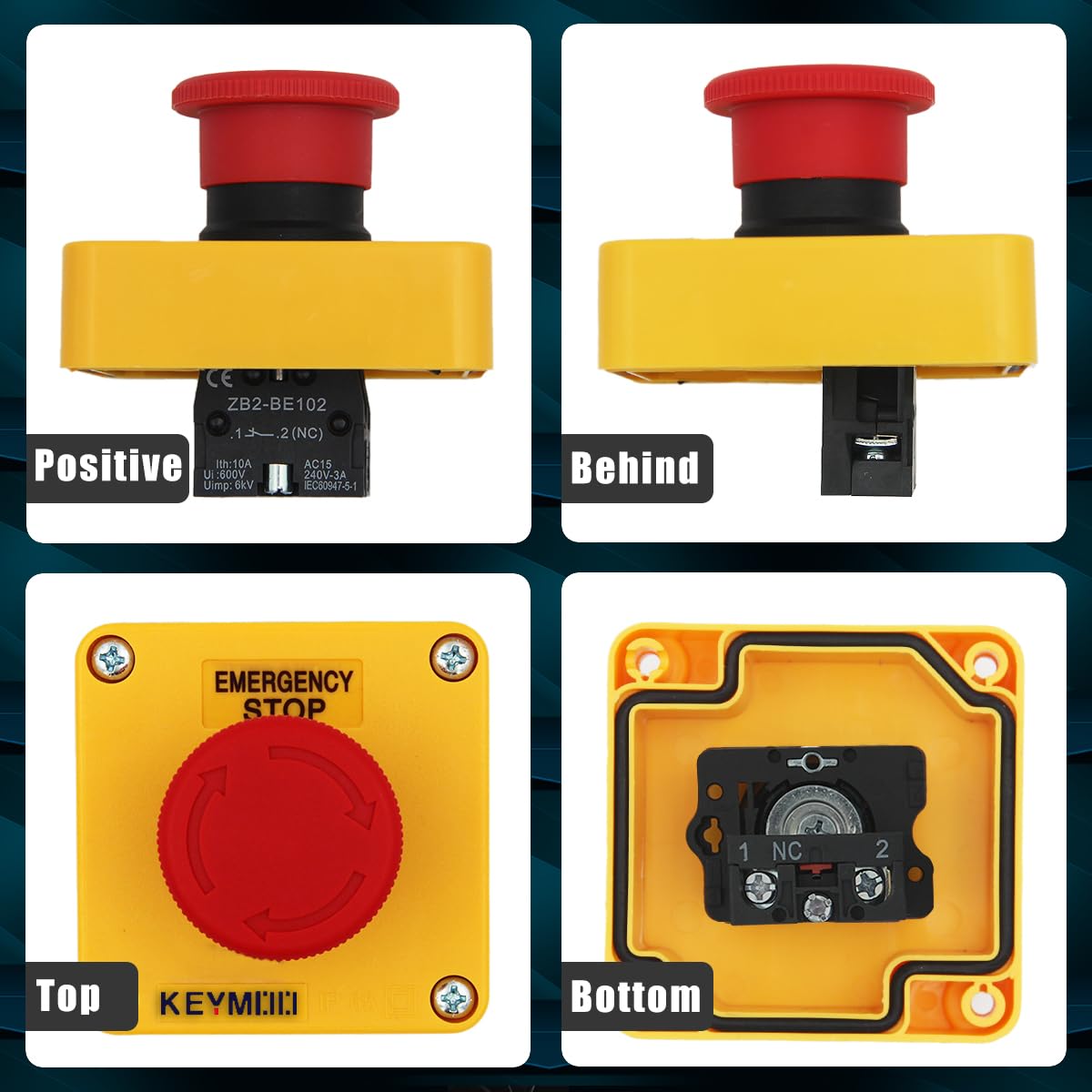 Emergency Stop Push Button Switch,1NC 10A 660V with Waterproof Box IP65, 2pcs PG13.5 Black Connectors (1)